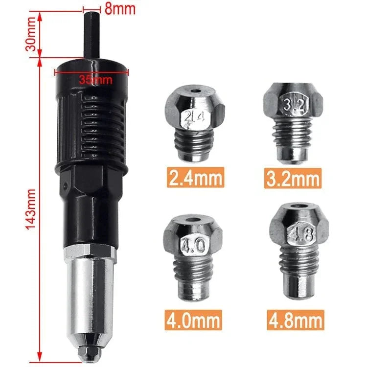 Rivet gun tool set with black handle and four metal rivet heads in 2.4mm, 3.2mm, 4.0mm, 4.8mm sizes, auto tools by clarioy.
