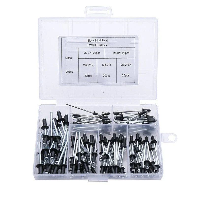 Clarioy auto tools kit with assorted black blind rivets in a clear plastic organizer box