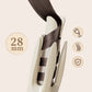 Clarioy 28mm automatic hair curler styling tool with brown hair wrapped around ceramic barrel, feature icons displayed.