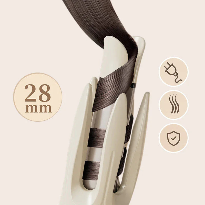 Clarioy 28mm automatic hair curler styling tool with brown hair wrapped around ceramic barrel, feature icons displayed.