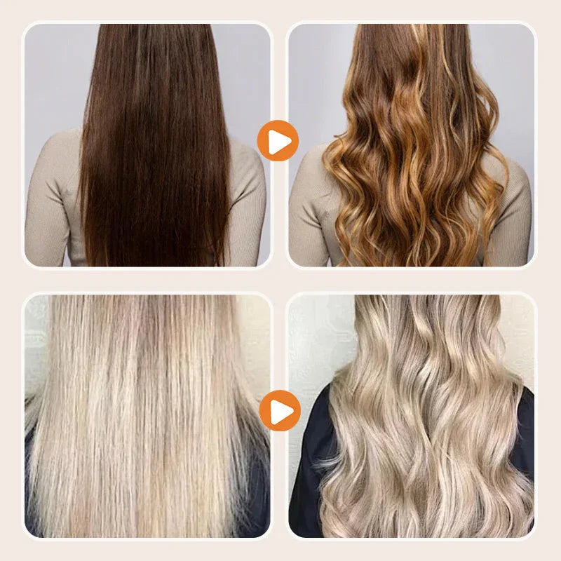 Before and after hair transformation showing straight to wavy styles, clarioy hair tools results