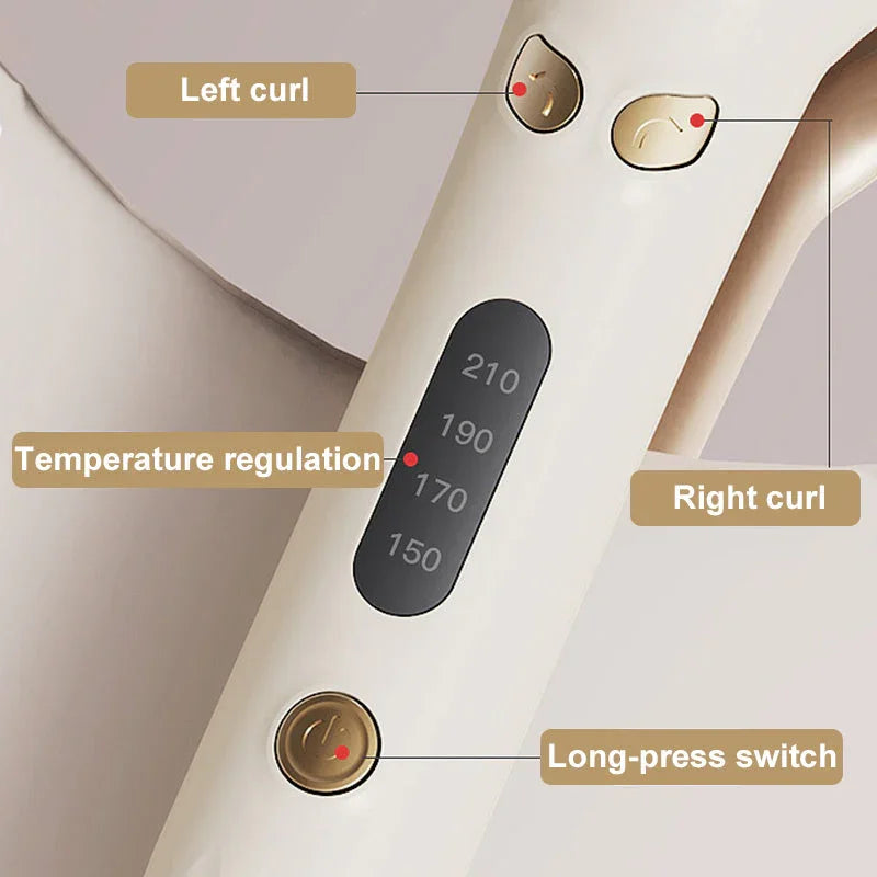 clarioy curling iron control panel with temperature regulation, left and right curl buttons