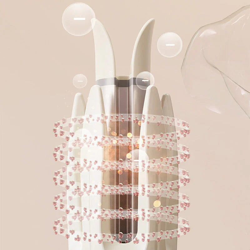 Innovative clarioy home electronics tool with white prongs, ions and bubble effects, neutral background