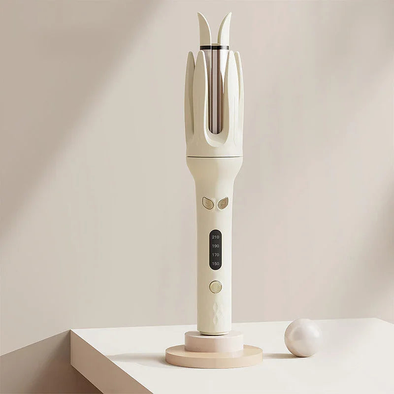 Beige automatic hair curler with digital display on a modern stand, clarioy homeware