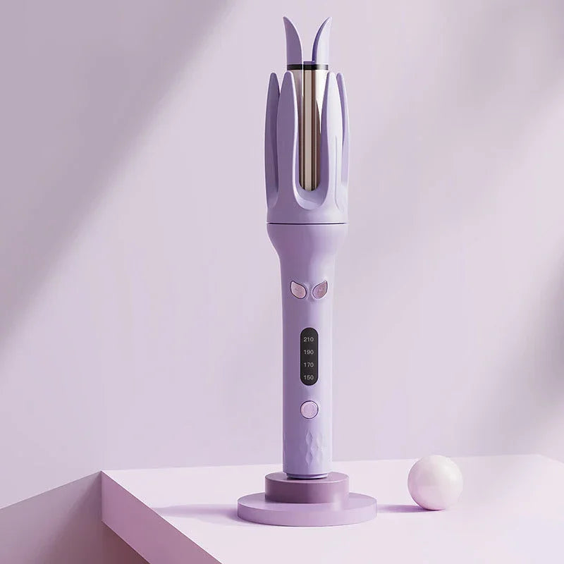 Purple automatic hair curler with temperature display on a pastel surface, premium clarioy homeware