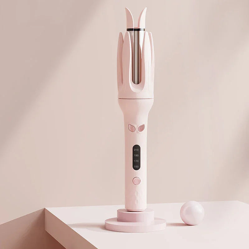 Pink automatic hair curler with digital display on minimalist stand, premium home electronics