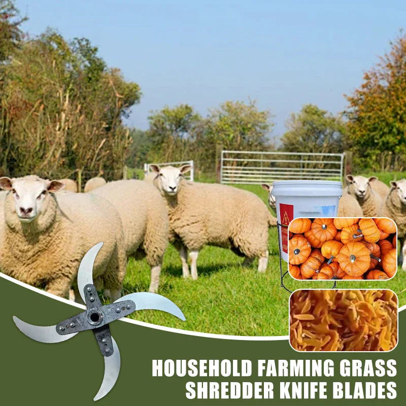 Farming sheep in a grassy field with grass shredder knife blades, pumpkins, and homeware bucket.