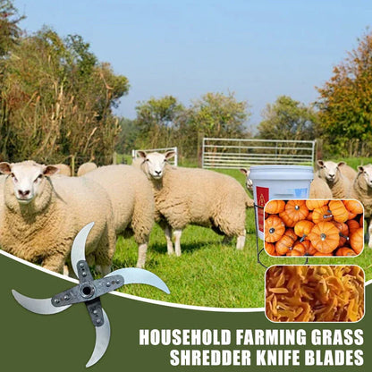 Farming sheep in a grassy field with grass shredder knife blades, pumpkins, and homeware bucket.