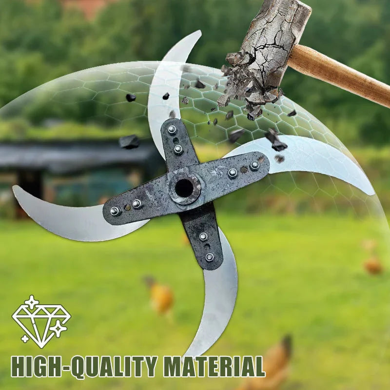 Heavy-duty steel four-blade garden tool with a sledgehammer and hexagonal shield, outdoors.