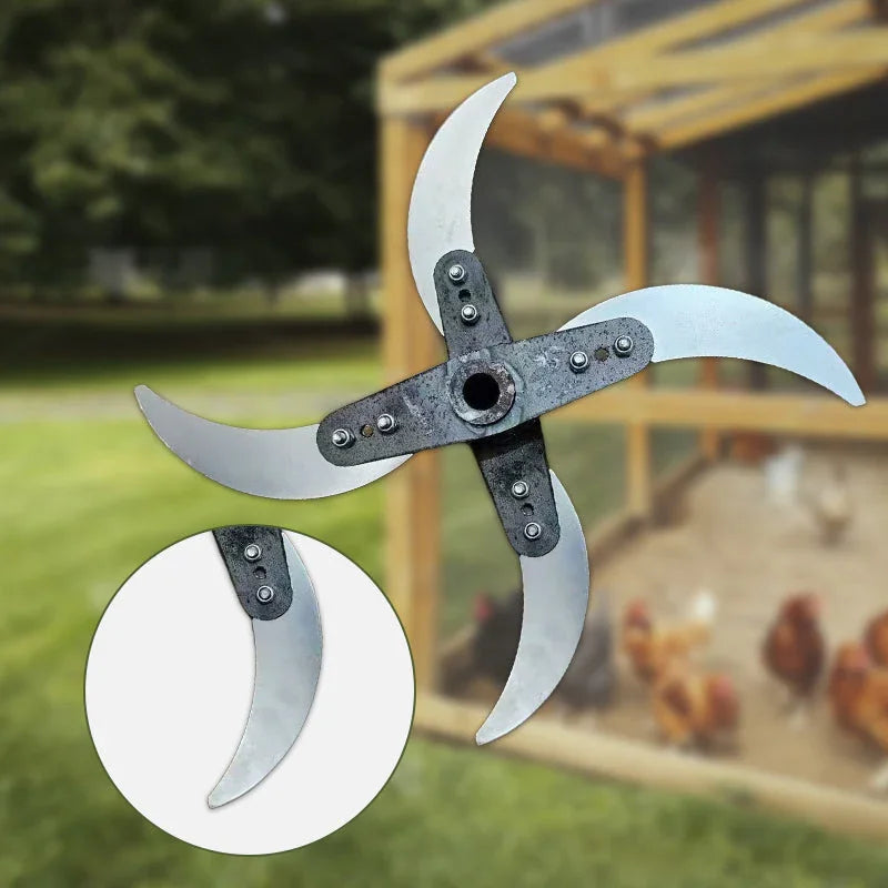 Clarioy replacement metal tiller blade with four curved arms, shown outdoors near chicken coop