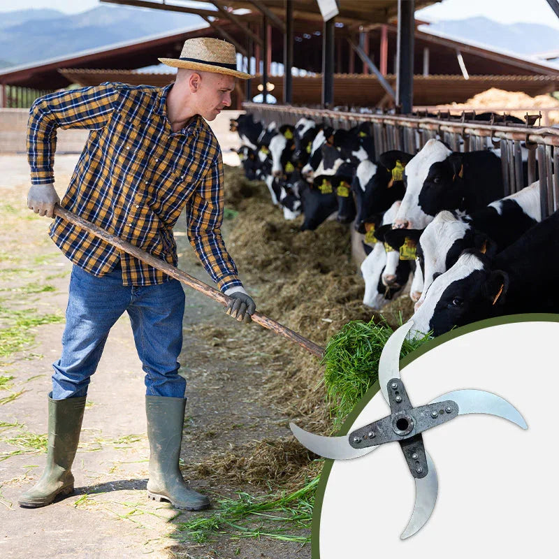 Farmer feeding cows in barn using pitchfork, inset shows clarioy replacement blade for auto tools