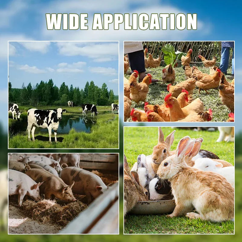 Collage of farm animals including cows, chickens, pigs, and rabbits under 'Wide Application' banner, clarioy premium homeware and tools context.