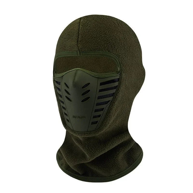 Olive green fleece balaclava mask with ventilated face shield, premium winter headgear from clarioy