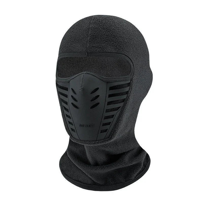 Black fleece balaclava with breathable face mask, premium winter gear from clarioy.