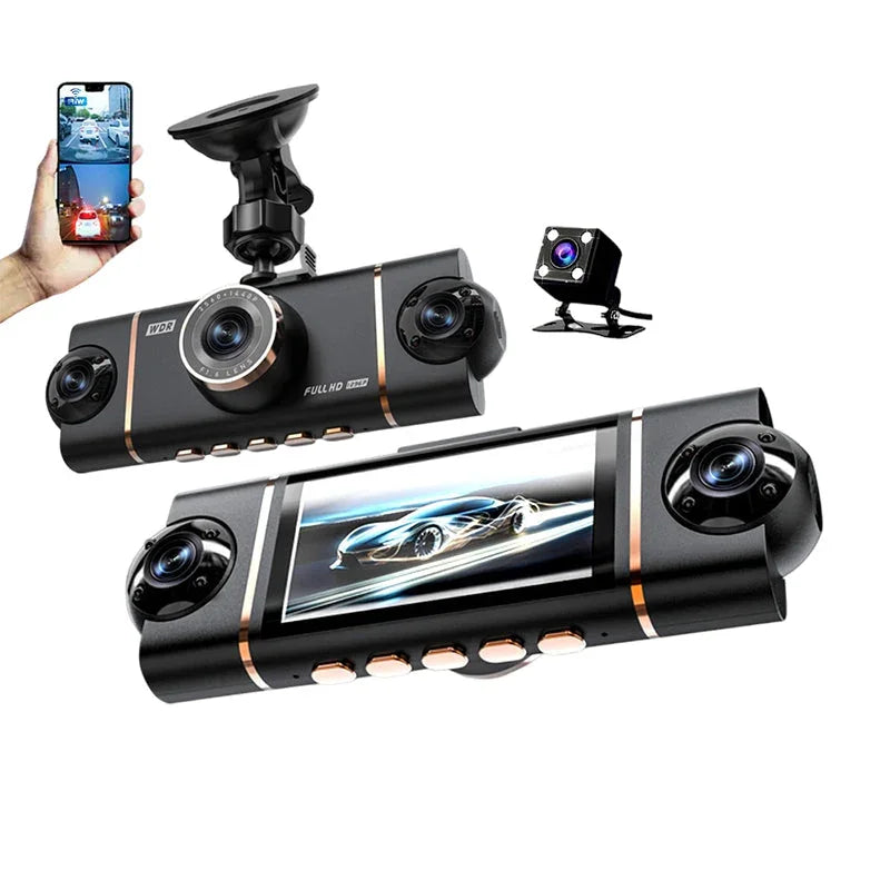 Full HD dash cam with wide lens, rear camera, and smartphone view, sold by clarioy
