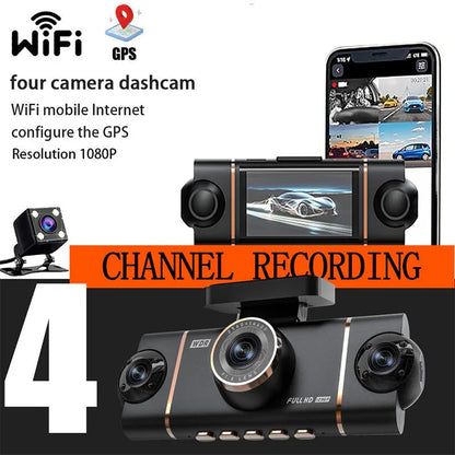 Four camera dashcam with WiFi, GPS, 1080P resolution, and mobile phone connectivity, clarioy auto tool.