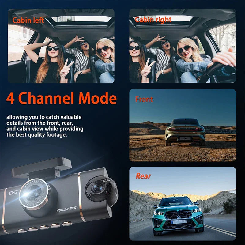 4 channel dash cam showing cabin, front, rear car views for clarioy auto tools homepage
