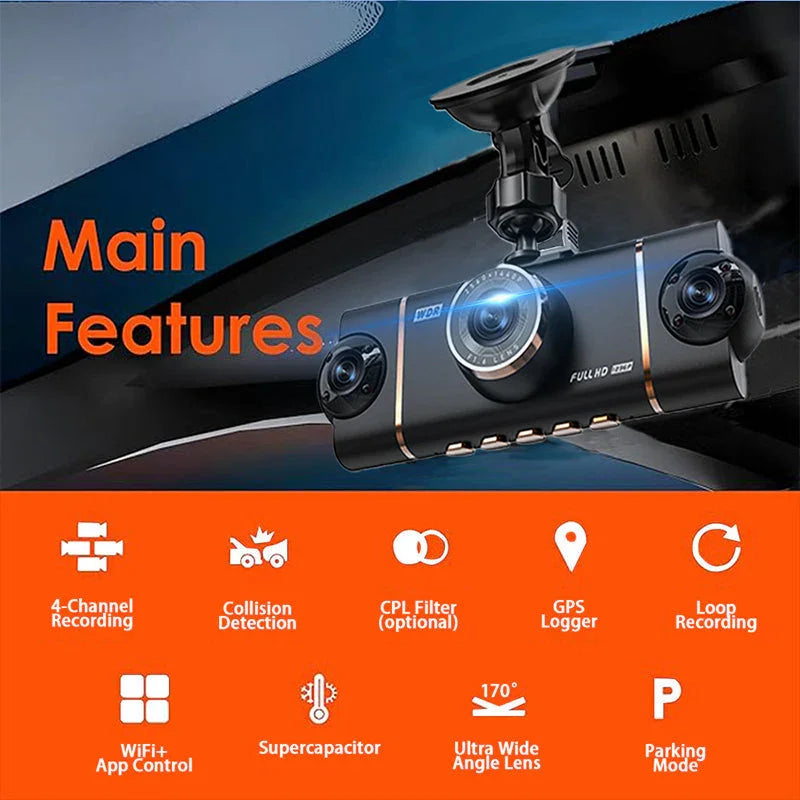 clarioy premium 4-channel dash cam with wide-angle lens, app control, and GPS logger features