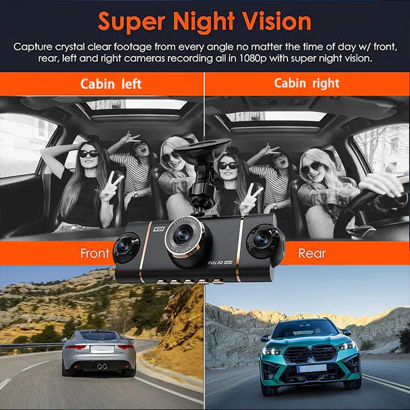 Clarioy multi-lens dash cam with super night vision, features front, rear, and cabin cameras in car.