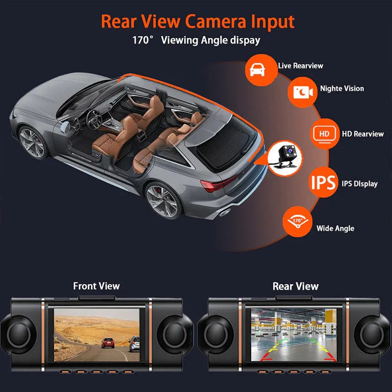 Clarioy car rear view camera input system with 170° wide angle, night vision, IPS HD display.