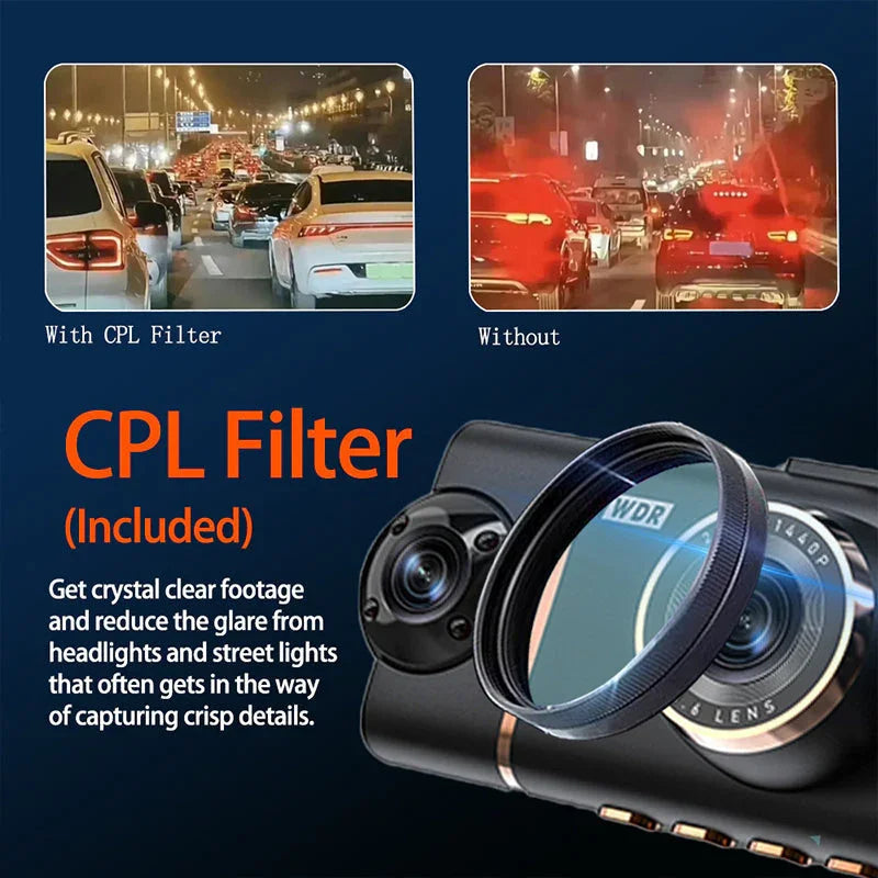 Dash cam with included CPL filter shown in close-up, highlighting clear night driving footage with reduced glare compared to footage without the filter, promoting premium auto tools from clarioy.