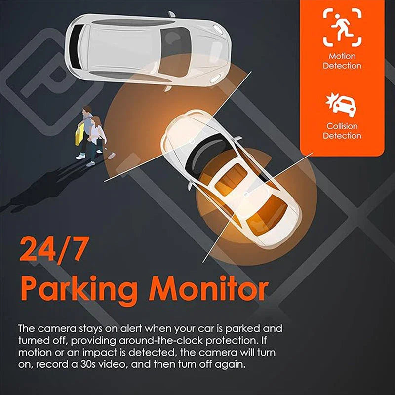 Parking monitor diagram showing cars and pedestrians with motion and collision detection features, clarioy auto tools.
