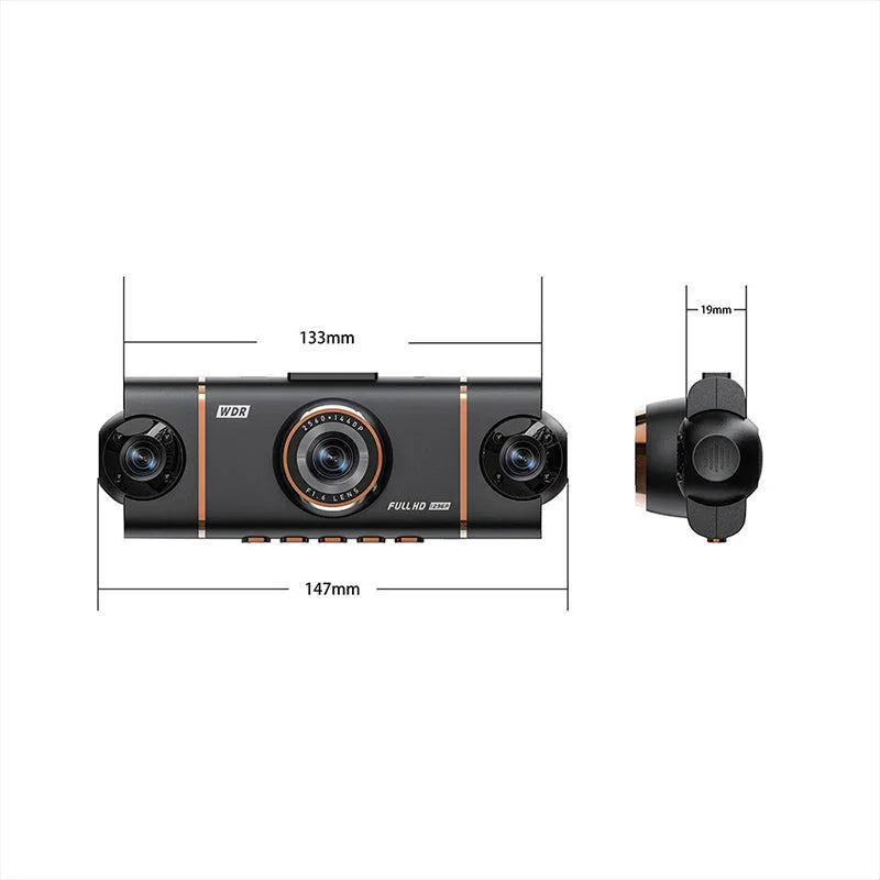 Triple lens dash cam with full HD, WDR, product dimensions shown, premium auto tools at clarioy