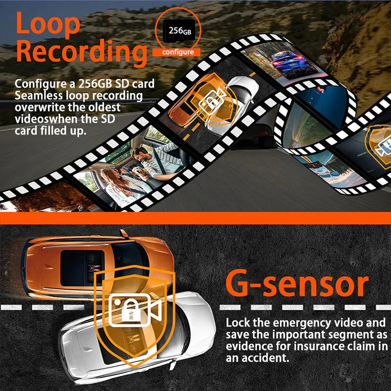 Car dash cam G-sensor and loop recording features, 256GB SD card, accident video protection.