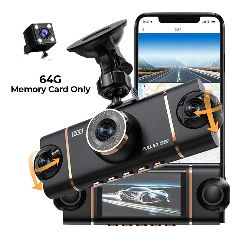 Clarioy dual lens dash cam with rotating cameras, backup camera, 64G memory card, smartphone display