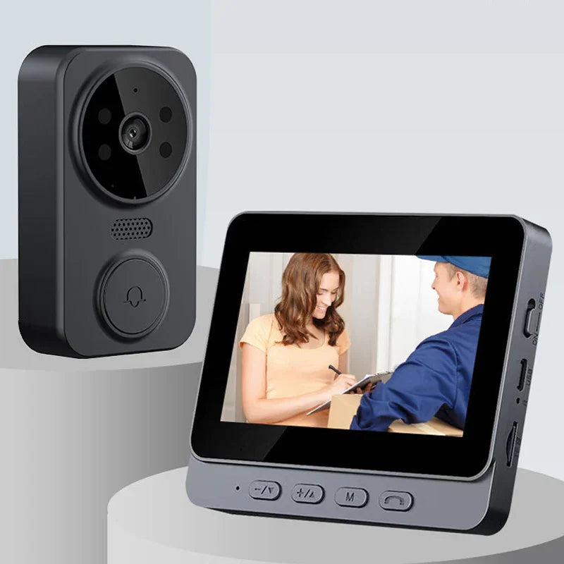 Wireless video doorbell with camera and digital display monitor showing delivery, smart home security clarioy