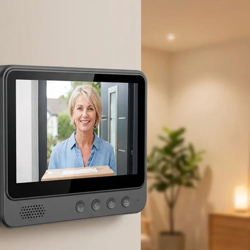 Video doorbell monitor showing delivery woman at front door in a modern home setting