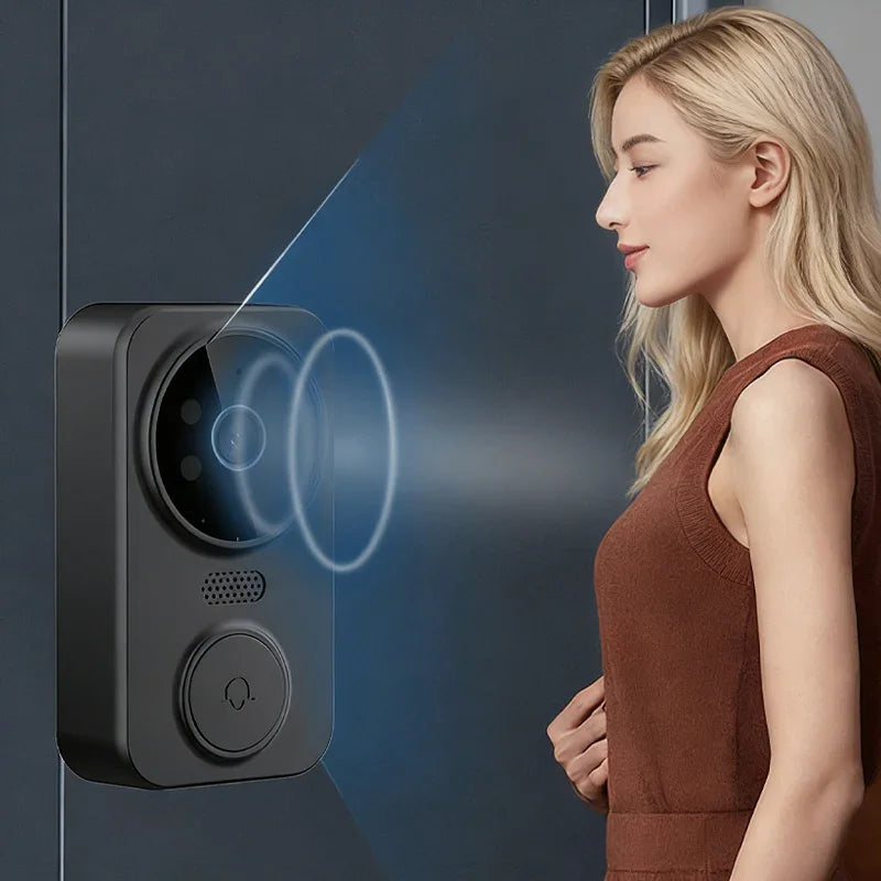 Woman using smart facial recognition doorbell camera, premium home security by clarioy