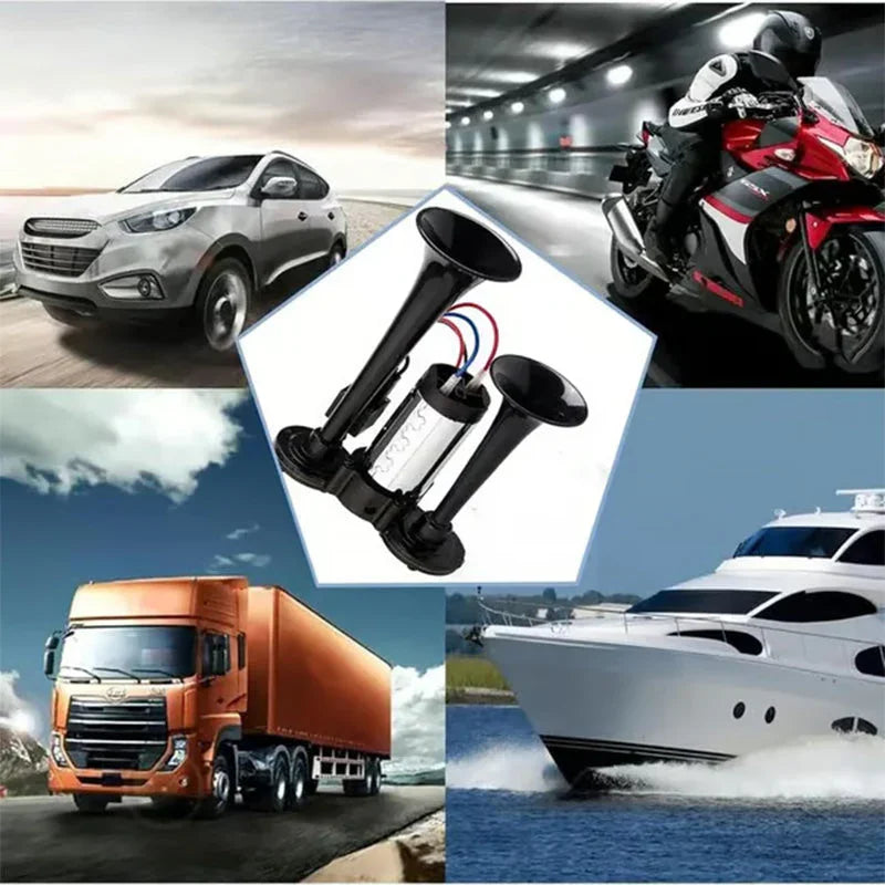 Universal black dual trumpet air horn for car, motorcycle, truck, and boat, shown with vehicles.