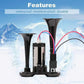Waterproof durable black car air horn with wires, showcased against icy mountain background on clarioy