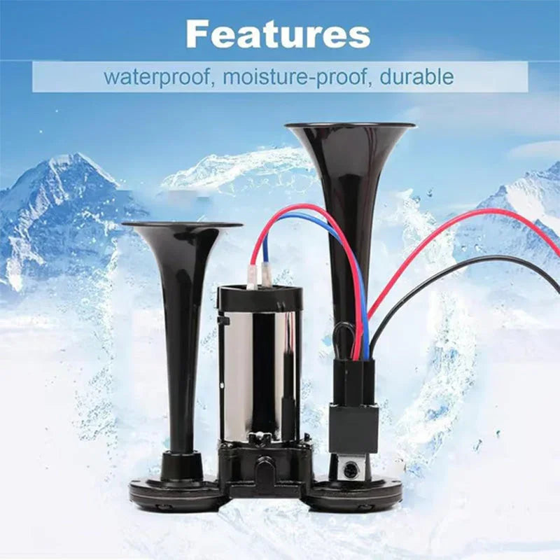 Waterproof durable black car air horn with wires, showcased against icy mountain background on clarioy