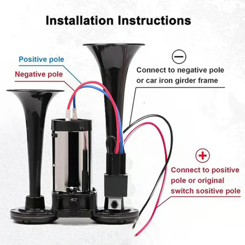 Auto horn installation instructions with positive and negative wiring, clarioy premium auto tool