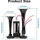 Dual black air horns with wiring, auto tool measuring 21cm and 15.5cm, clarioy product
