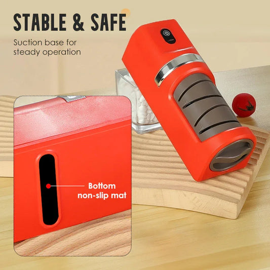 Clarioy red electric knife sharpener with suction base and non-slip mat on kitchen counter