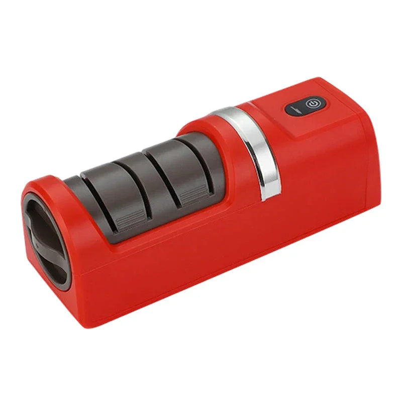 Red electric knife sharpener with three grinding slots, clarioy homeware kitchen tool