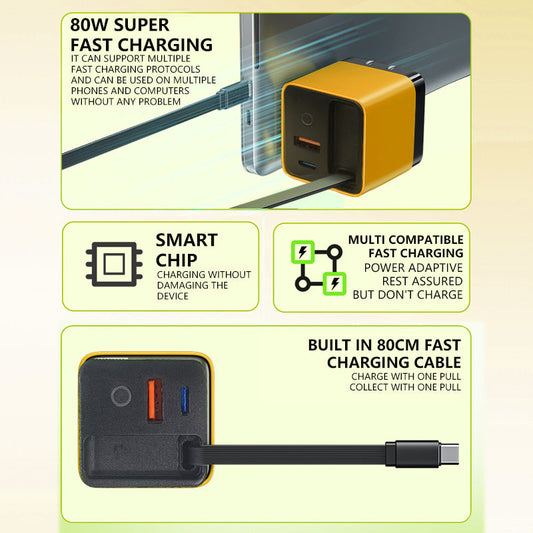 🔥65W Fast Charging Phone Charger Block with Retractable 80cm Type-C Cable