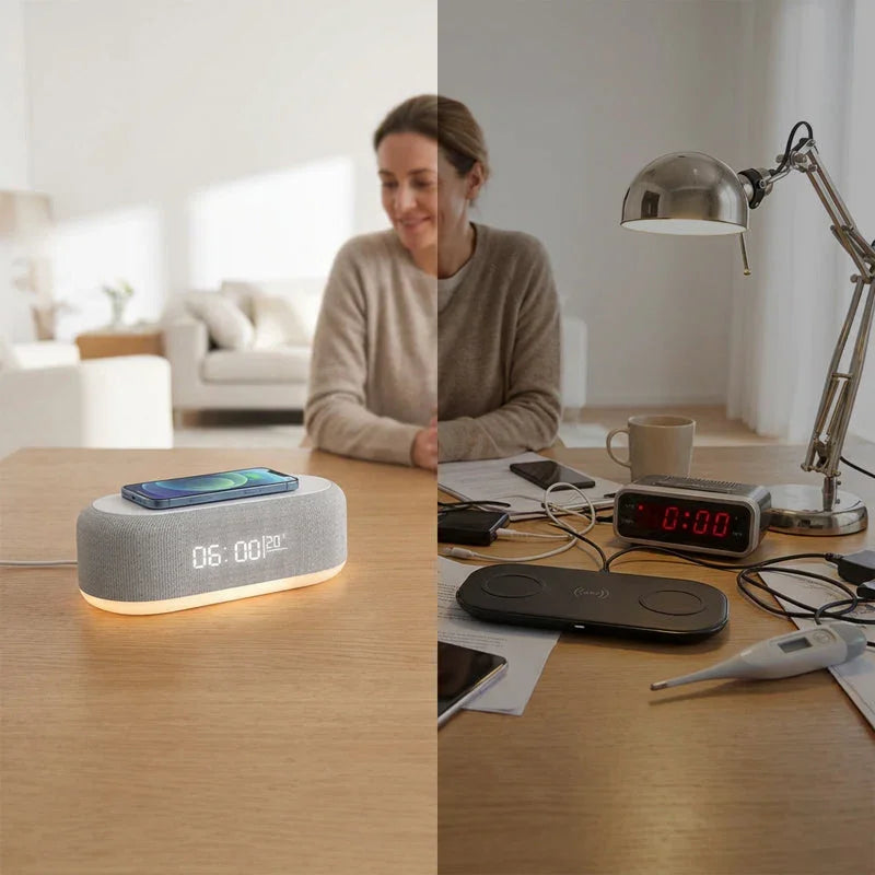 🔥Limited-time offer-6-in-1 Wireless Charging Station（Wireless charger, clock, Bluetooth speaker, night light, LED digital display, and thermometer）