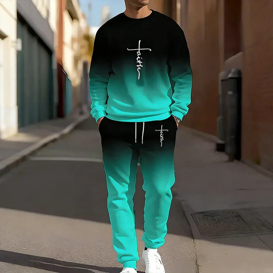 👕 Men’s Gradient Color Crewneck Tracksuit Set – Stylish, Comfortable & Casual Sportswear ✨🏃‍♂️