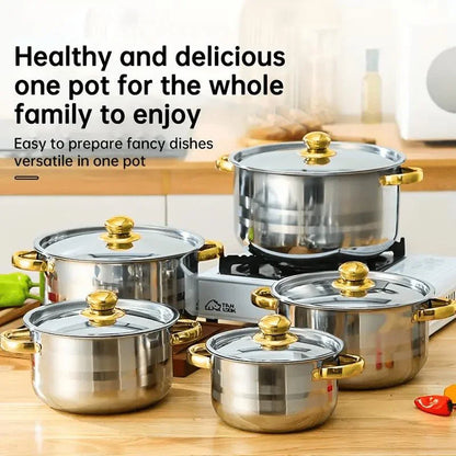 💎 -50% ON 5-PC STAINLESS STEEL SET! 💎 Thickened Pots, Glass Lids & Elegant Gold Accents for Any Stovetop
