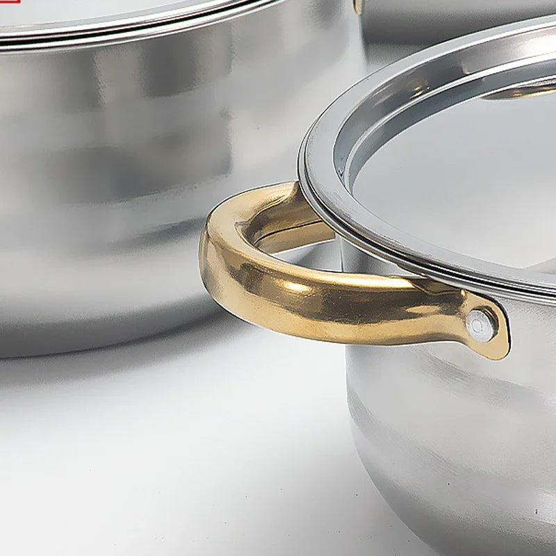 💎 -50% ON 5-PC STAINLESS STEEL SET! 💎 Thickened Pots, Glass Lids & Elegant Gold Accents for Any Stovetop