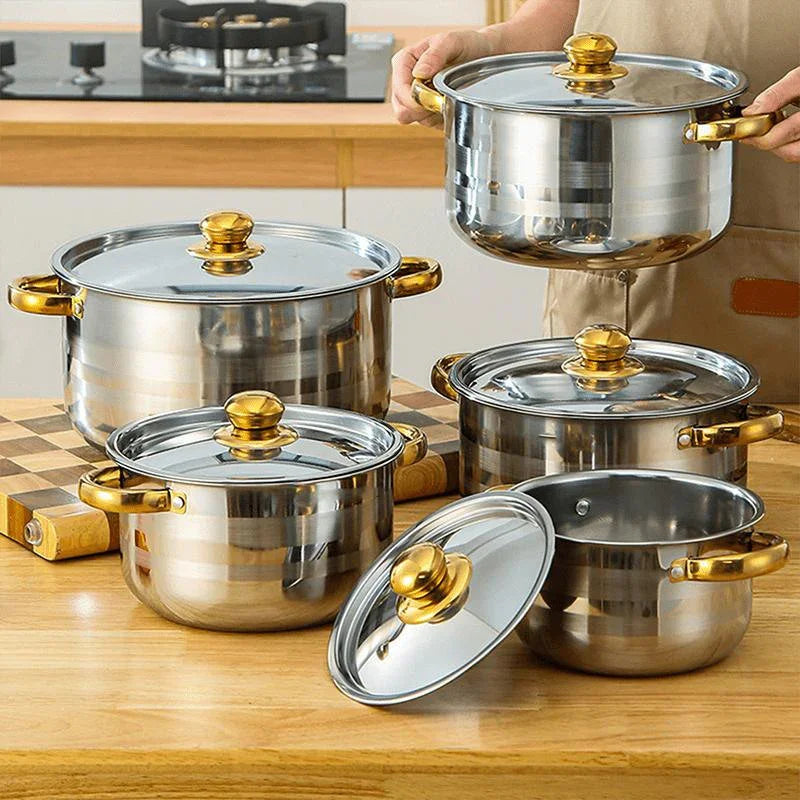💎 -50% ON 5-PC STAINLESS STEEL SET! 💎 Thickened Pots, Glass Lids & Elegant Gold Accents for Any Stovetop