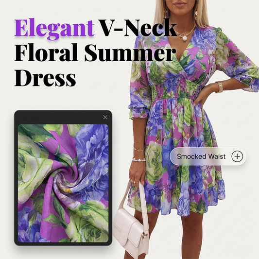 👗 50% OFF NOW! 🌸 Floral V-Neck A-Line Dress – Smocked Waist, Ruffled Hem & Breathable – Summer Ready, Effortlessly Romantic 🏖️