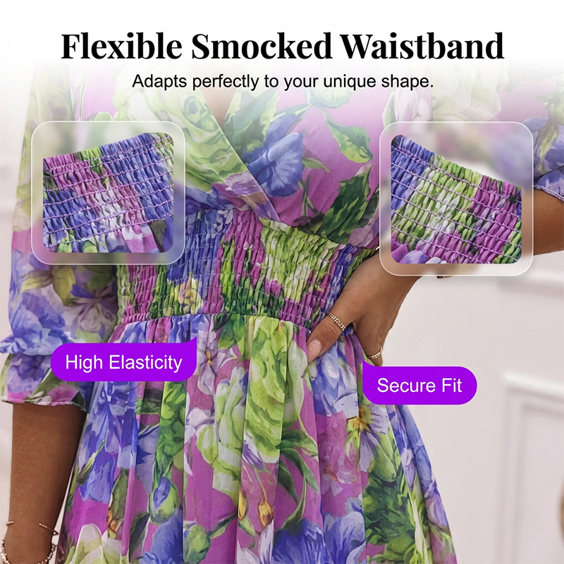 👗 50% OFF NOW! 🌸 Floral V-Neck A-Line Dress – Smocked Waist, Ruffled Hem & Breathable – Summer Ready, Effortlessly Romantic 🏖️