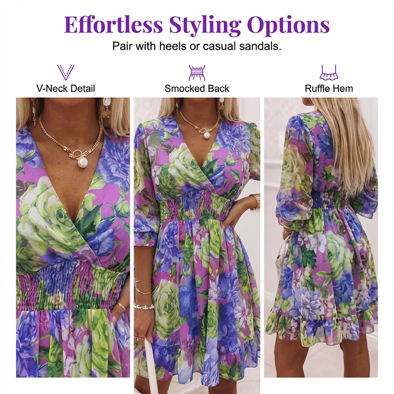 👗 50% OFF NOW! 🌸 Floral V-Neck A-Line Dress – Smocked Waist, Ruffled Hem & Breathable – Summer Ready, Effortlessly Romantic 🏖️