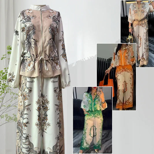 🥳2026 HOT SALE🥳💞50K+ SOLD!Printed Zipper Top & Wide-Leg Pants 2-Piece Set