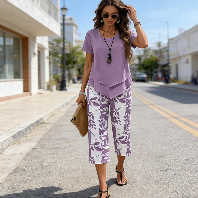 🥳SUMMER HOT SALE🥳💞50K+ SOLD!💥50% OFF! 🔥Casual Round Neck Layered Tunic Top and Wide Leg Pants Set